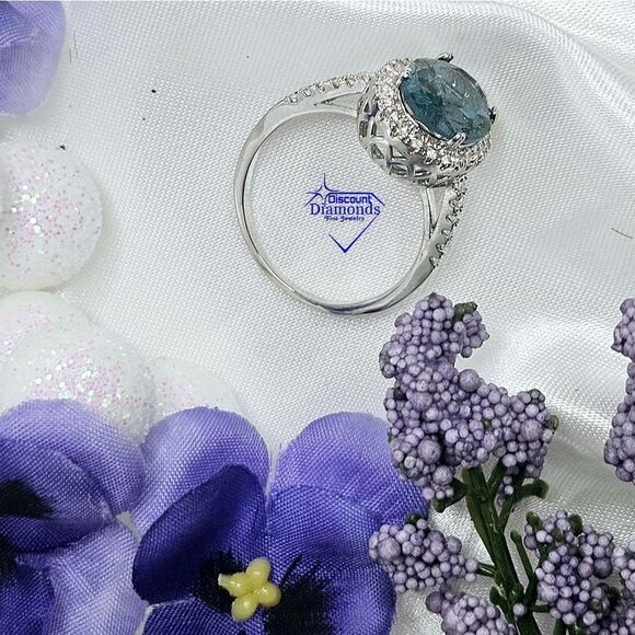 Blue Topaz & White Baguette Diamond Cocktail Ring on 925 Sterling Silver - Picture 5 of 7